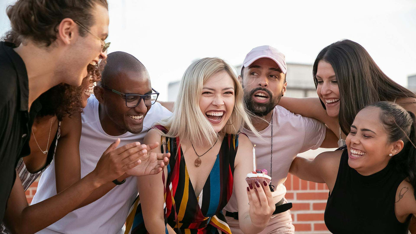 group of friends celebrating excitedly