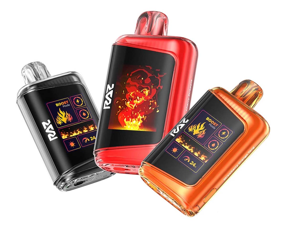 Three Raz DC25000 vapes in different colors